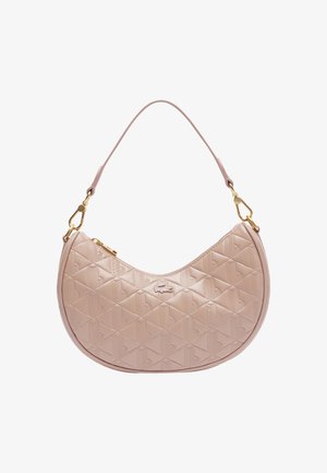 Hellrosa gesteppte Handtasche mit geschwungener Form, goldfarbenen Beschlägen und einem strukturierten, geometrischen Muster auf der Oberfläche. Reißverschluss zum Verschließen.