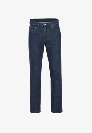 Dunkelblaue Jeans aus Denim mit geradem Schnitt, mit Knopfverschluss, Fünf-Taschen-Design und minimalen Stickdetails.
