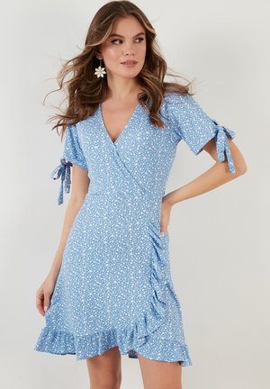 FLORAL V NECK RUFFLE DETAIL MINI  - Rochie de zi - baby blue