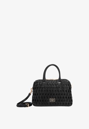 Borsa trapuntata nera con doppi manici e tracolla removibile, caratterizzata da una targhetta logo dorata e chiusura con cerniera.