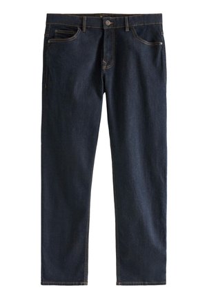 Dunkelblaue Jeans mit geradem Bein, orangen Nähten, fünf Taschen, Metallknopf und Reißverschluss.