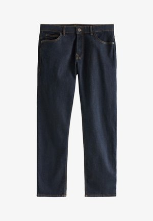 Dunkelblaue Jeans mit geradem Bein, orangen Nähten, fünf Taschen, Metallknopf und Reißverschluss.