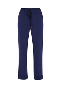 Pantalones jogger azul marino hechos de tela suave, con una cinturilla elástica y cordón, y diseño de pierna recta.