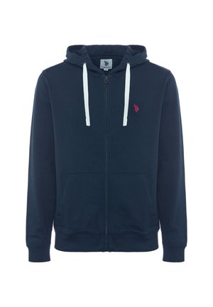 Felpa con zip di colore navy realizzata in tessuto morbido, presenta una tasca a marsupio, laccetti bianchi e un piccolo logo rosso sul lato sinistro del petto.