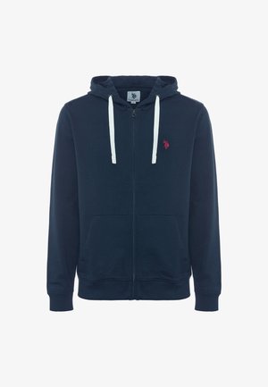 Felpa con zip di colore navy realizzata in tessuto morbido, presenta una tasca a marsupio, laccetti bianchi e un piccolo logo rosso sul lato sinistro del petto.