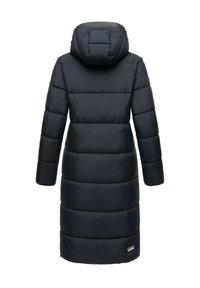 Long dark navy puffer coat with a hood, featuring quilted sections, elastic cuffs, and a small brand label on the lower right side.