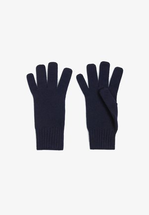 Marine strikkede handsker med ribbede manchetter. Traditionelt femfingerdesign, medium tykkelse og blød tekstur velegnet til koldt vejr.