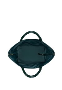 Tmavozelená kabelka s hladkým povrchom, veľkým oválnym tvarom, koženými rúčkami a priestranným interiérom, ktorý obsahuje polstrovanú priehradku.