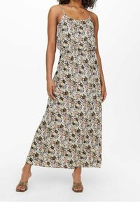 Maxikleid mit dünnen Spaghetti-Trägern, florales Muster in Pastellfarben auf dunklem Hintergrund, taillierter Bund, leichtes Material, fließende Silhouette.