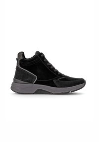 Zwarte hoge sneakers van suede met een gestructureerde grijze accent en vetersluiting. Voorzien van een gevoerde tussenzool en rubberen buitenzool.