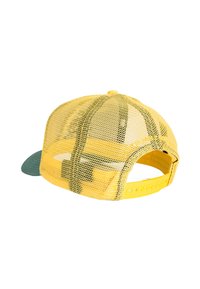 Yellow mesh cap with a green visor, featuring a snapback adjustable closure and a textured pattern on the mesh.