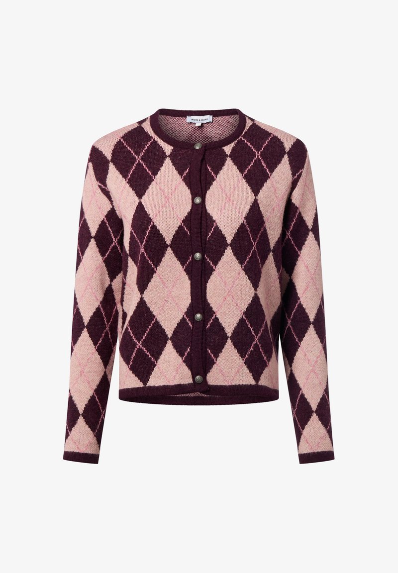 Cardigan en bordeaux foncé et rose pâle, avec un motif en losanges, un col rond, des manches longues et une fermeture à boutons.