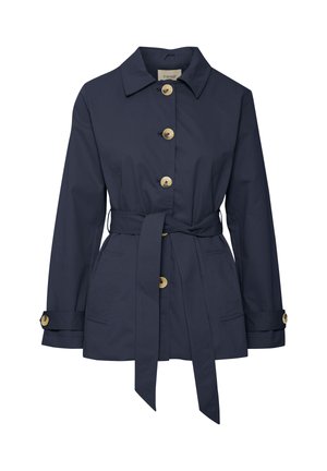 Manteau bleu marine ceinturé avec col, boutons dorés et deux poches latérales. Tissu lisse avec manches longues et poignets réglables.
