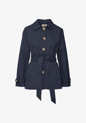 Manteau bleu marine ceinturé avec col, boutons dorés et deux poches latérales. Tissu lisse avec manches longues et poignets réglables.