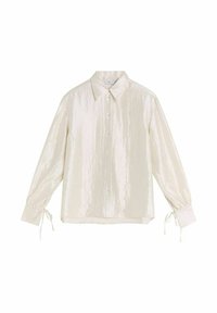 Ivoor, langemouwen shirt met een licht glanzende textuur, knoopsluiting aan de voorkant en strikjes bij de manchetten. Heeft een klassieke kraag en een relaxte fit.
