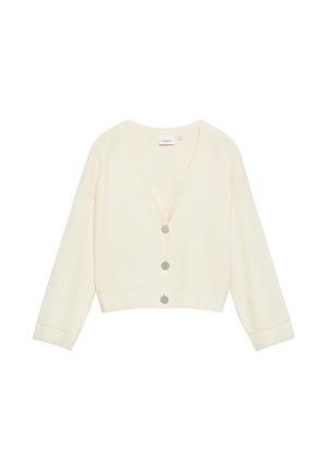 Kremowy kardigan z długim rękawem, dekoltem w serek i trzema dużymi okrągłymi srebrnymi guzikami z przodu.