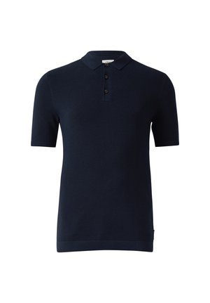 Marineblauw poloshirt met korte mouwen, gestructureerde stof, knoopsluiting met twee knopen en klassieke kraag, getoond op een witte achtergrond.