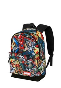 Mochila con un estampado cómico multicolor de Spider-Man, acentos en negro, correas ajustables y un bolsillo frontal con cremallera que incluye el logo "MARVEL".