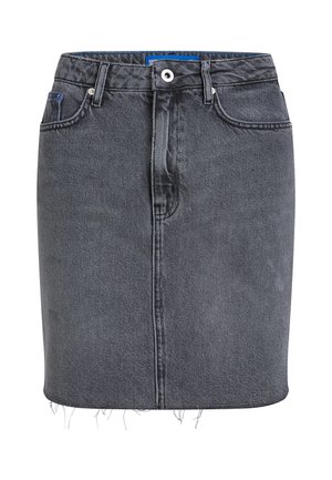 Schwarzer Denim-Rock mit taillierter Form, ausgefranstem Saum, vorderem Knopfverschluss, fünf Taschen und blauer Innenetikette.