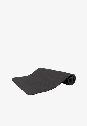 Black yoga mat with floral texture pattern, made of flexible material, slightly rolled at one end, flat surface ideal for exercise.