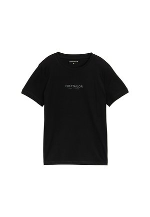 Tricou negru din bumbac, cu mâneci scurte, decolteu rotund și un logo subtil în text gri pe față. Eticheta de mărime: M.