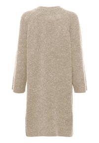 Pull en laine beige à manches longues avec une texture douce et duveteuse, vu de dos.