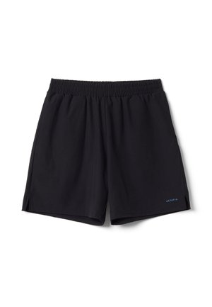 Pantalones cortos deportivos negros con cintura elástica y pequeño logo azul "ALTAVIA" en la parte inferior izquierda de la pierna, planos sobre fondo blanco.