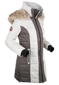 Giacca imbottita con una combinazione di colori bianco e grigio scuro, cappuccio con bordo in pelliccia, tasche con zip e polsini in maglia nera per un maggiore calore.