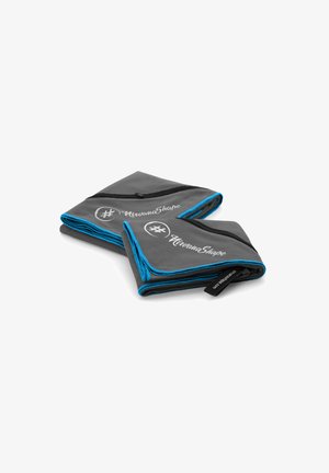 Gray fabric product with blue accents and zippers, featuring a logo in white. Folded design allows for compact storage.