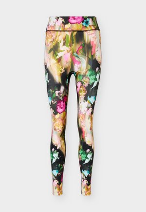 Leggings taille haute longueur totale avec imprimé floral abstrait coloré en rose, vert, jaune, bleu et noir sur un tissu lisse.