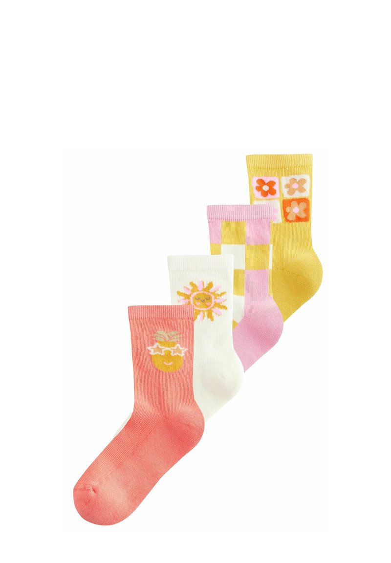 Set aus vier Socken in den Farben Pink, Gelb, Weiß und Koralle. Die Designs umfassen eine lächelnde Sonne, eine Ananas und Karomuster.