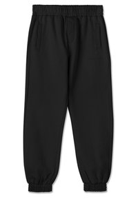Black elastic waist and cuffed jogger pants with side pockets and subtle logo on upper thigh.