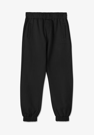 Calças de jogging pretas com cintura elástica e punhos, bolsos laterais e logótipo subtil na parte superior da coxa.