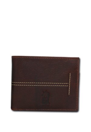 Portefeuille en cuir marron avec coutures blanches, présentant un design horizontal et un logo en relief sur le devant, fente minimale pour les cartes.