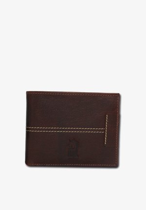 Bruine leren portefeuille met witte stiksels, met een horizontaal ontwerp en een reliëflogo aan de voorkant, minimalistische sleuven voor kaarten.