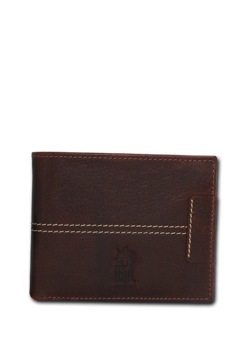 Bruine leren portefeuille met witte stiksels, met een horizontaal ontwerp en een reliëflogo aan de voorkant, minimalistische sleuven voor kaarten.