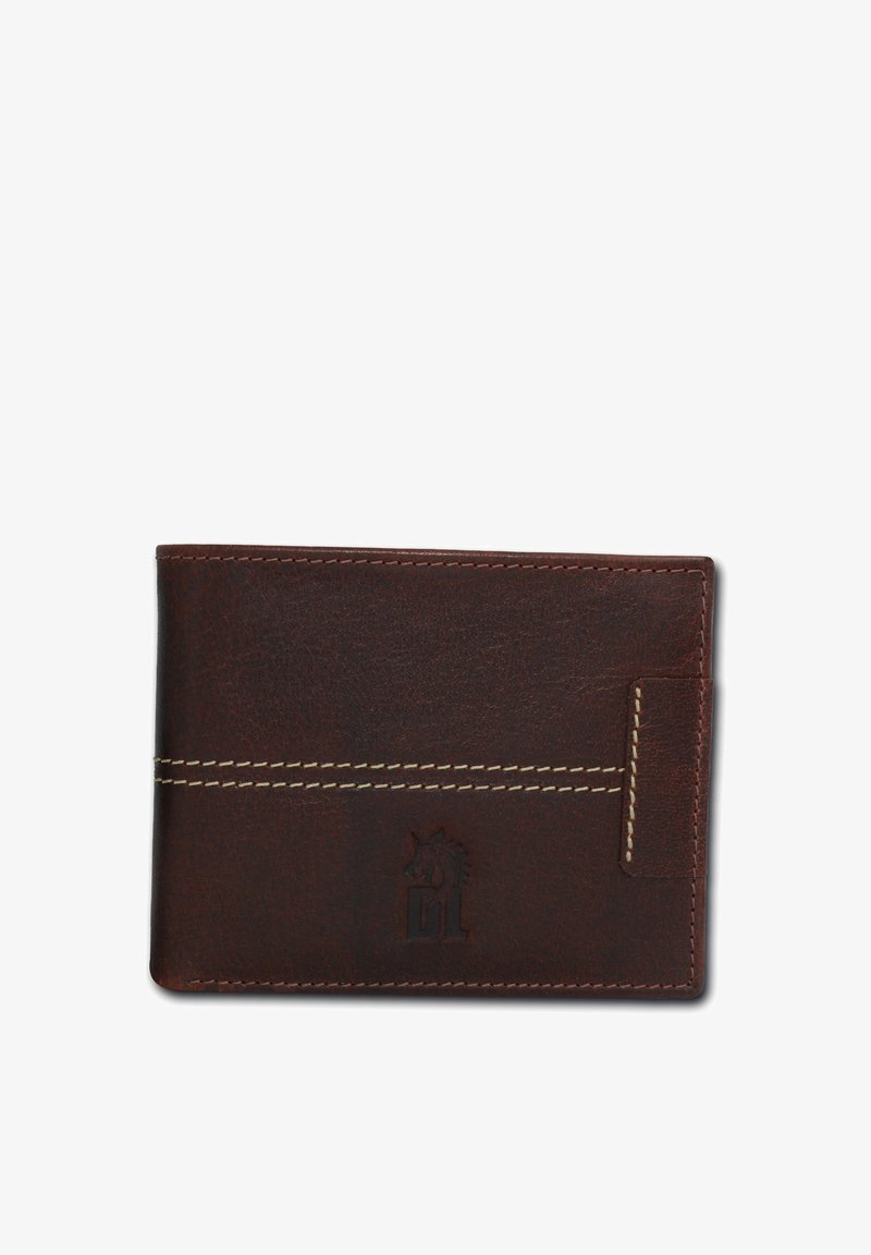 Brown leather wallet with white stitching, featuring a horizontal design and embossed logo on the front, minimalistic slot for cards.