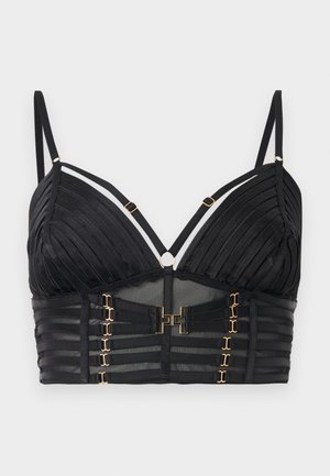Black bralette with pleated cups, double adjustable shoulder straps, mesh paneling, and gold-tone hook closures on the wide ribbed band.