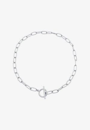 Silver chain necklace with oval links, featuring a toggle clasp for closure. Smooth texture with reflective surface. Simple design.