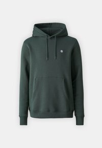 Dark green hoodie made of soft fabric, featuring a front kangaroo pocket, adjustable drawstrings, and a small logo on the chest.