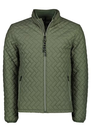 Veste verte matelassée avec un col montant, fermeture éclair et deux poches latérales. Présente un motif en losanges texturé et des fermetures éclair contrastantes.