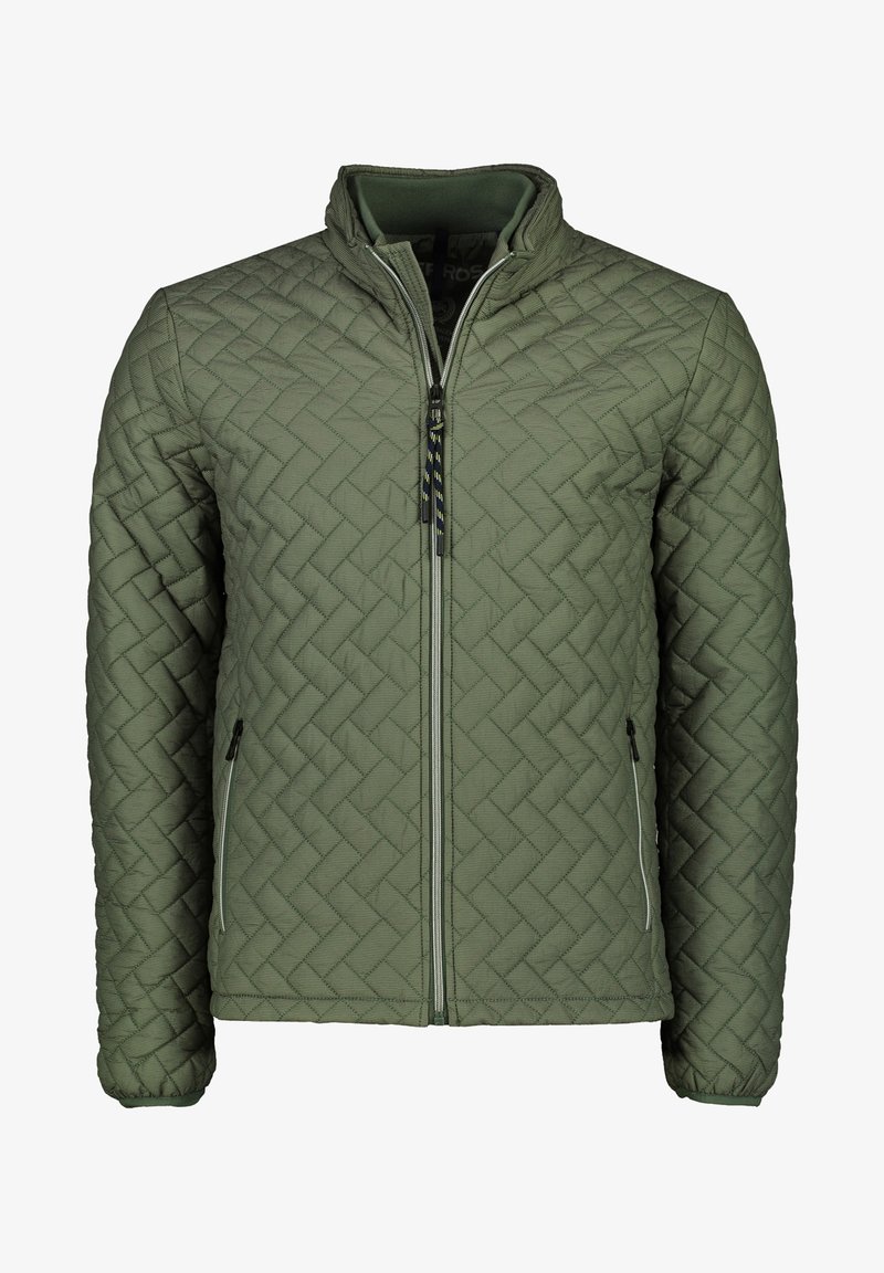 Veste verte matelassée avec un col montant, fermeture éclair et deux poches latérales. Présente un motif en losanges texturé et des fermetures éclair contrastantes.