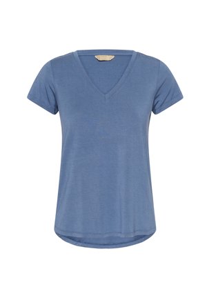 V-neck blue t-shirt with short sleeves, made from soft fabric. Features a straight hemline and a minimal tag on the neckline.