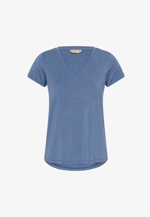 Camiseta azul de cuello en V con mangas cortas, confeccionada en tejido suave. Presenta un dobladillo recto y una etiqueta mínima en el cuello.