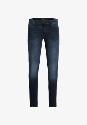 Sötétkék, slim fit farmernadrág, elhalványult elülső combrészekkel, gombos és cipzáras záródással, valamint öt zsebes dizájnnal.