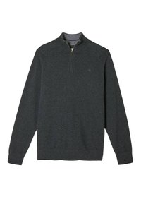 Dunkelgrauer, langärmeliger Pullover mit einem Viertelreißverschluss-Kragen, gerippten Bündchen und Saum. Hergestellt aus einem weichen, strukturierten Stoff.
