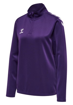 Pullover lungo a maniche con zip in colore viola, caratterizzato da una texture liscia. Logo bianco sulla parte anteriore e dettagli bianchi sulle maniche.