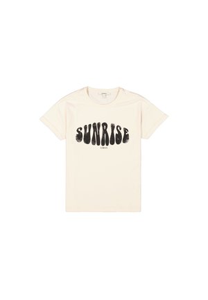 Cremfarbener Kurzarm-T-Shirt mit einem großen schwarzen Aufdruck "SUNRISE" in geschwungener Schriftart, rundem Halsausschnitt und weichem Stoffgefühl.