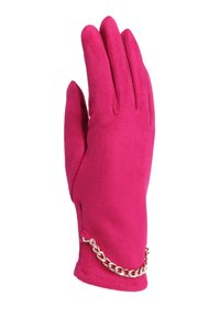 Guanti fucsia realizzati in morbido suede con un design slim. Le caratteristiche includono un accento in catena dorata al polso e dettagli cuciti.
