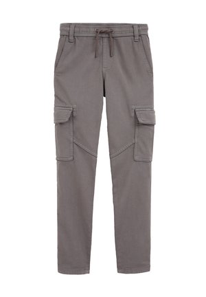 Graue Cargo-Hosen mit geradem Bein, Seitentaschen, Klappentaschen an den Oberschenkeln, Gürtelschlaufen und einem Kordelzugbund.